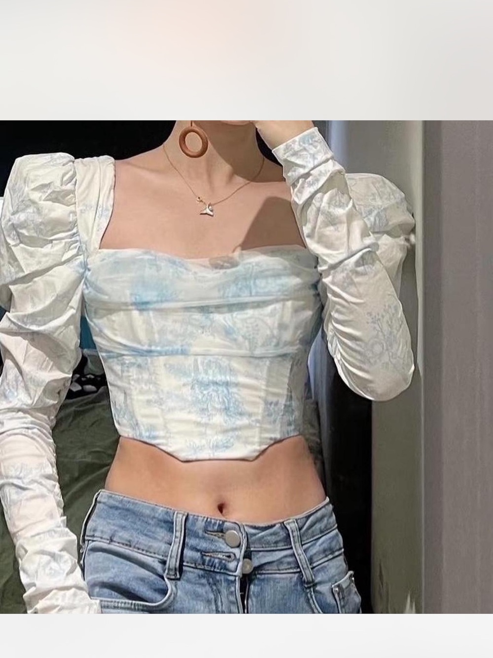 Oh Polly White & Light Blue Puff-Sleeve Corset Crop Top